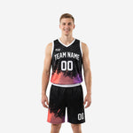 Custom purple and black basketball uniforms front view showing pixel-burst gradient jersey and matching shorts with team name and number 00