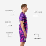 Custom purple and pink soccer uniform shorts detail with digital camo pattern and sublimated player number
