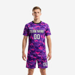 Custom purple and hot pink digital camo soccer uniform full set, front view, crew neck jersey and matching shorts
