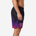 Side view of custom black and purple flame basketball shorts showing side split at hem and ribbed elastic waistband with internal drawcord