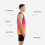 Back view of custom purple and gold basketball jersey with player name below collar and large back number over hex pattern lower panel