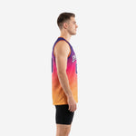 Men's custom purple to orange gradient basketball jersey with V-neck orange binding and arced white team name, front close view