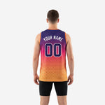 Opposite side view of sublimated purple pink and orange basketball jersey showing armhole binding and seamless side panel gradient