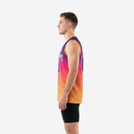 Side view of custom purple and gold basketball jersey showing full gradient fade from purple chest to orange-gold hem with hex texture