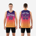 Size and spec chart for custom purple and gold sublimated basketball jerseys in youth and adult sizes