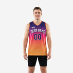 Custom purple and gold basketball jerseys with hex gradient fade, team name arc and front number on adult male model, front view