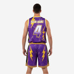 Close detail of purple gold lightning sublimated basketball jersey and shorts set
