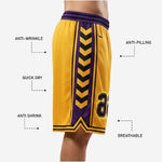 Back view of custom purple and gold basketball shorts with back player number and sublimated chevron side panels