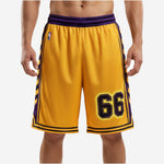 Custom purple and gold basketball shorts with chevron side panel and front player number, men's adult size front view