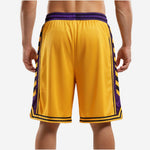 Opposite side view of custom sublimated gold and purple basketball shorts with pointed V-split leg opening