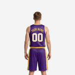 Back view of purple and gold custom basketball uniform showing back player name and number placement on purple jersey body