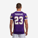 Back view of custom purple and gold American football jersey showing back number and nameplate area above the number