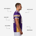 Close detail of sleeve stripe cap on custom purple football jersey showing 2 white stripes and 1 gold stripe on upper sleeve
