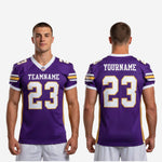 Size and specification chart for custom purple and gold American football jerseys available in youth and adult sizes