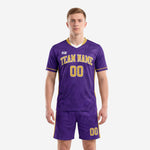 Custom purple and gold kits soccer full uniform front view with marble pattern and arched team name