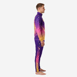 Side view of custom purple soccer tracksuit showing Hot Pink to Athletic Gold gradient fade on jacket and tapered purple pants