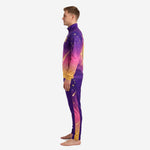 Right side view of custom purple and gold soccer tracksuit showing constellation detail on jacket and side stripe on pants