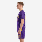 Right side view of custom purple gold soccer uniform showing back name and number placement