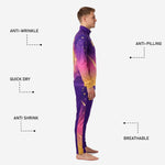 Detail view of tapered track pants from custom purple soccer tracksuit set with pink and gold side stripe