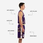Close detail of sublimated star graphic and gold trim binding on purple youth basketball jersey