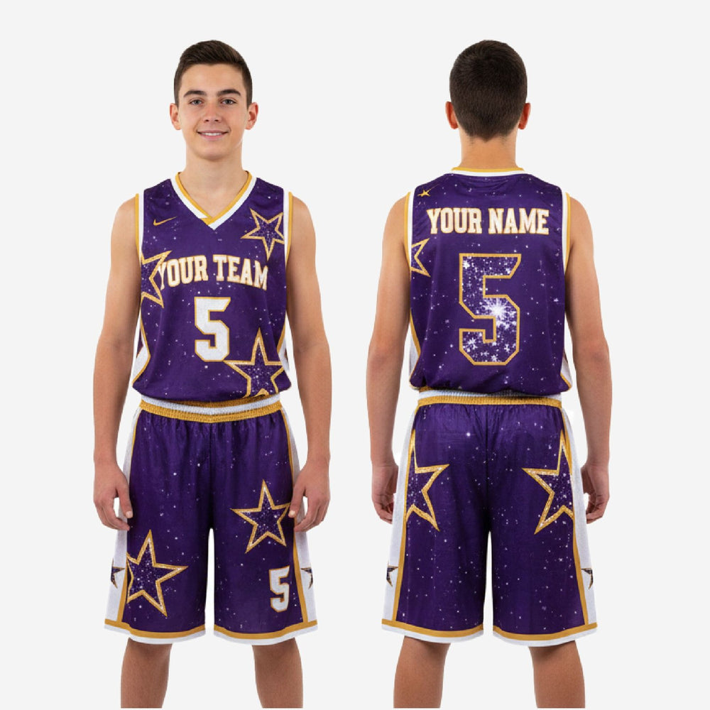 Custom Purple and Gold Youth Basketball Uniforms - Player Numbers