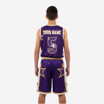 Back view of custom purple and gold youth basketball uniform showing back number and star pattern on jersey and shorts