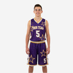 Custom purple and gold youth basketball uniforms with galaxy star design, V-neck jersey and matching shorts, front view