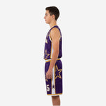 Opposite side view of youth basketball uniform in purple and gold showing star graphics and white panel detail