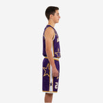 Side view of custom purple and gold youth basketball uniform set showing white side panel and gold trim stripe on shorts