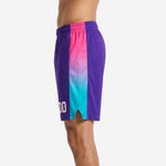 Opposite side view of custom sublimated purple basketball shorts with gradient panel running from hip to teal hem