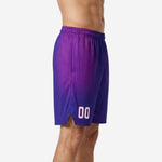 Front and back view of custom purple tournament basketball shorts with sublimated hex pattern and player number placement on lower leg panel