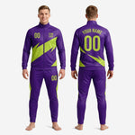 Custom purple and Lime Green soccer tracksuit showing full geometric panel design from collar to ankle on 100 percent polyester sublimated set