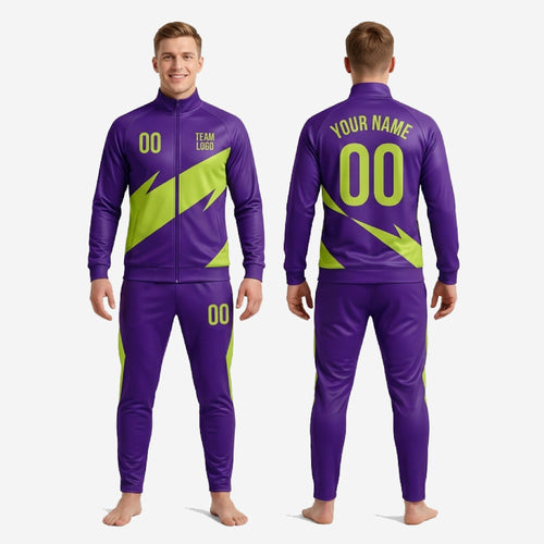 Custom purple and Lime Green soccer tracksuit showing full geometric panel design from collar to ankle on 100 percent polyester sublimated set
