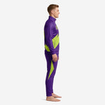 Custom purple soccer tracksuit side view showing Lime Green diagonal panel across jacket torso and tapered pant leg with matching stripe
