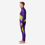 Custom purple soccer tracksuit alternate side view displaying Lime Green geometric panel construction on jacket and pants with ankle zip cuff