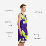 Opposite side view of custom purple youth basketball uniform set with lime green diagonal band and white border trim detail