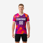 Custom purple and orange splash soccer training shirt with team name and number, mens front view, full-dye sublimation print