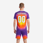 Custom purple to orange sublimated soccer jersey front detail showing team name and player number print placement