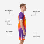 Athletic orange and royal purple gradient soccer shorts with white side stripe and sublimated player number