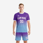 Close detail of Royal Purple to Sky Blue gradient on custom soccer kit jersey and matching shorts