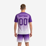 Close-up of custom purple soccer jersey V-neck collar and Royal Purple sublimated gradient print detail