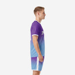 Two-piece custom purple soccer uniform set with gradient jersey and matching shorts, white crew-neck trim