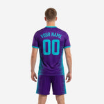 Close detail of Royal Purple soccer jersey with Teal horizontal gradient stripe pattern sublimated edge to edge - K2 Sportswear