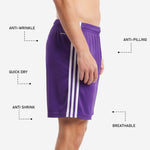 Custom purple soccer shorts athletic cut full-length side view showing straight hem and white contrast stripe placement