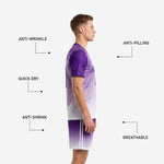 Custom purple soccer shorts with Royal Purple to White gradient fade and white side stripe trim, mens athletic cut