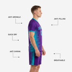 Custom purple soccer shorts with Teal side panel, gradient stripe detail, and player number on left leg - K2 Sportswear