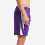 Custom purple soccer shorts showing 3 white contrast side stripe panels running full length from waistband to hem, left side view