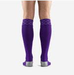 Custom purple soccer socks close-up of diamond argyle knit pattern on the turnover cuff band