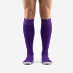 Custom purple soccer socks front view showing Royal Purple knee-high body and geometric argyle cuff band