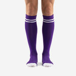 Custom purple soccer socks front view showing Royal Purple body with double white stripe cuff band and white toe cap